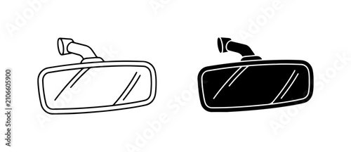 Car Rearview Mirror Icons, Automotive Interior Reflection View, Black and White Vector Set