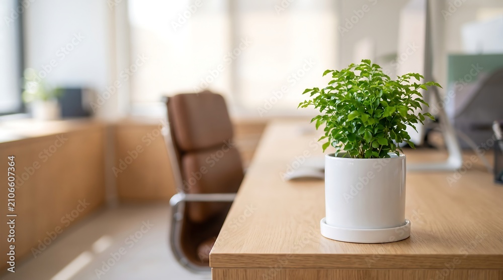 Obraz premium Small green houseplant in white ceramic pot sitting on wooden office desk with blurred modern professional workspace background and ergonomic leather chair nearby