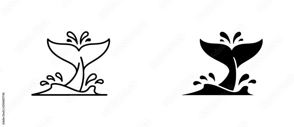 Fototapeta premium Whale Tail Splash Icons, Ocean Marine Life Vector Art, Nautical Symbol Set