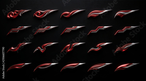 Set of abstract chrome and metallic red racing vinyl decals for vehicle body styling and decoration