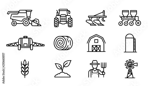 Tableau sur toile Agricultural Machinery and Farming Line Icons Set Editable Stroke Harvest Vector