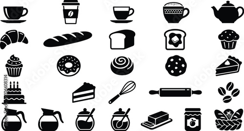 A collection of black and white icons depicting various baked goods and beverages