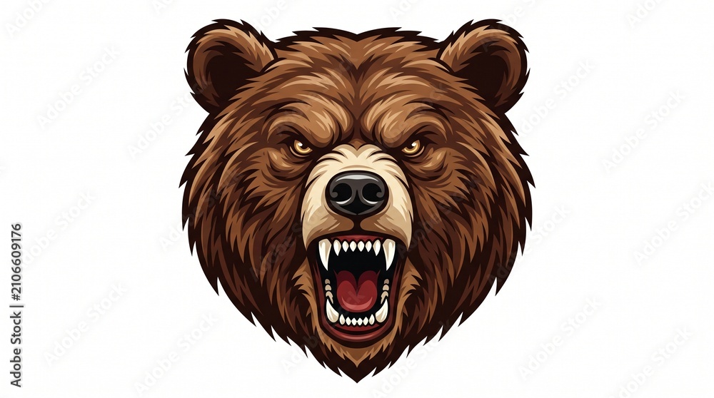 Fototapeta premium *Roaring brown bear head. Fierce yellow eyes, open mouth with sharp teeth. Thick fur in rich browns. Front-facing vector mascot on white. Bold esports logo style.*