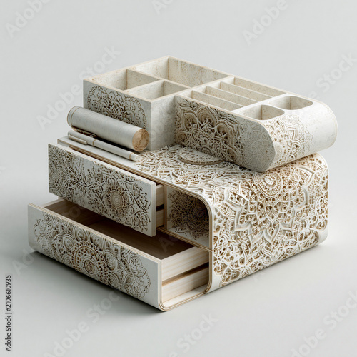 Modern boho desktop organizer with engraved mandala details created for 3D printing.