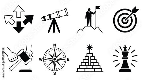 Goal setting and strategic planning icon set, featuring route options, telescope, mountain, success target, gavel, chess king, business strategy, and clean flat vector design.
