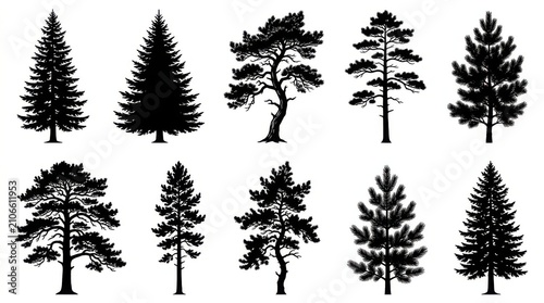 Set of black tree silhouettes including pine fir and spruce conifer trees isolated for design and nature illustrations