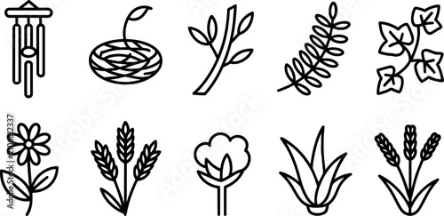 Canvastavla Botanical line icons of nature elements featuring flower, wheat, wind chime, bir
