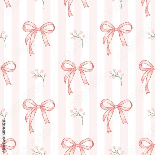Seamless Pink Ribbon Bow Pattern with Delicate Floral Sprigs and Soft Pastel Stripes, Cute Feminine Repeat Background for Fabric, Wallpaper, Gift Wrap, Textile and Surface Design.