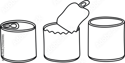 Opened canned food containers, outline vector illustration featuring sealed and opened tin cans for packaging design concepts