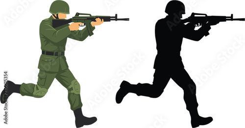 Fotografie Military soldier running with assault rifle, tactical combat vector illustration