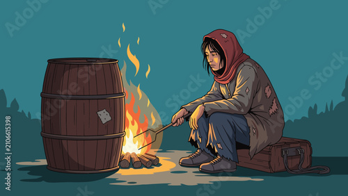 Homeless woman sits by a warm campfire near a wooden barrel while holding a metal poker in a detailed illustration.