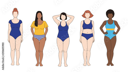 Diverse group of five confident women of different body shapes and skin tones standing in various colored swimsuits.