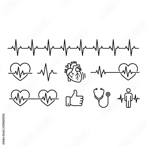 Medical health icons with heartbeat rhythm line art