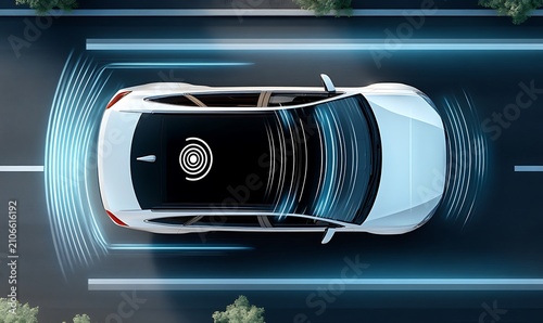 Autonomous car with holographic navigation system on road, top view.