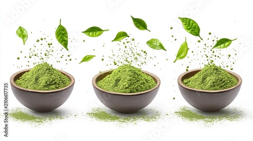 Matcha powder air isolated on white background,superfood powder,diet and healthy life,green tea powder,Japanese tea leaves,popular menu trendy, wellness concept.
