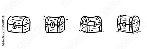 Treasure Chest Icons In Hand Drawn Style Set. Adventure And Discovery Doodle Sketch Collection. Ideal For Games And Storytelling. Isolated Vector Illustration