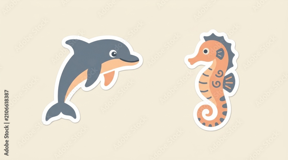 Fototapeta premium Cute cartoon dolphin and seahorse stickers on plain background