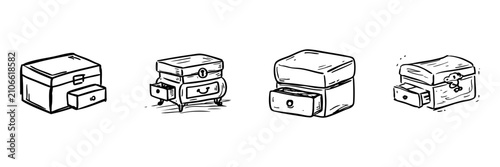 Hand Drawn Jewelry Box Set In Doodle Style. Storage And Organization Sketch Collection. Ideal For Craft And Design Projects. Isolated Vector Illustration
