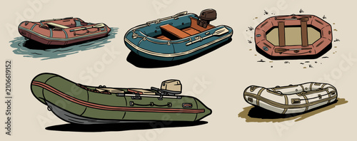 Bilde på lerret Set of colorful inflatable boats and rubber dinghies for outdoor water adventure