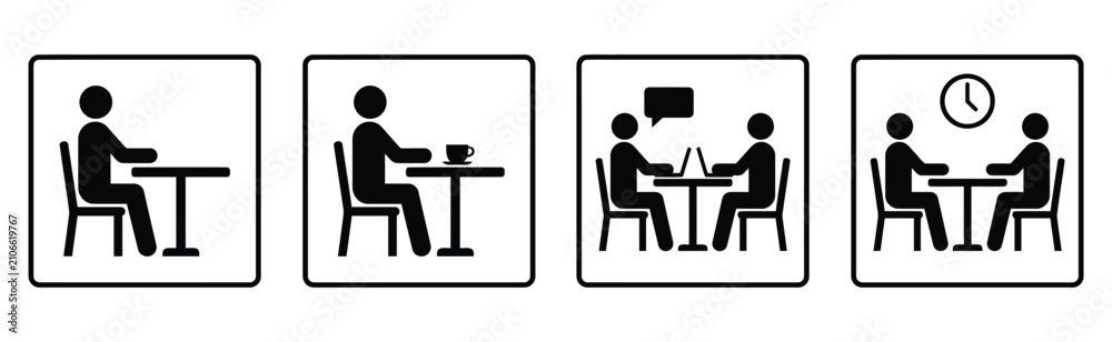 Fototapeta premium People sitting at tables working and meeting icons