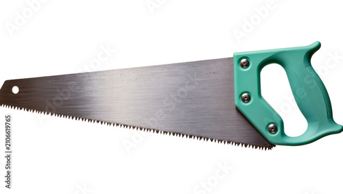 Cuadro en lienzo Isolated classic hand saw featuring a bright green ergonomic handle and finely s