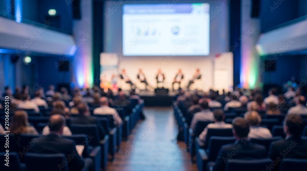 Fototapeta premium Audience viewing business presentation on stage in large dark convention hall with soft blue and green accent lighting during corporate seminar event with blurred attendees in front rows