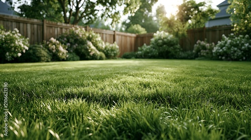 Dense green lawn in a landscaped backyard after summer heat. Concept of drought resistant turf, healthy grass recovery, sustainable lawn care and resilient residential landscaping