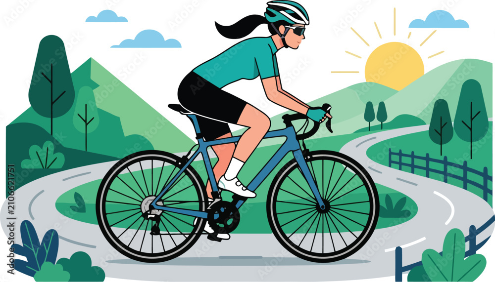 Fototapeta premium Active Woman Cyclist Riding Bicycle on Winding Road through Green Hilly Landscape