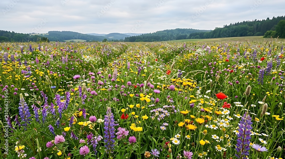 Obraz premium Scenic summer meadow filled with vibrant wildflowers and rolling hills