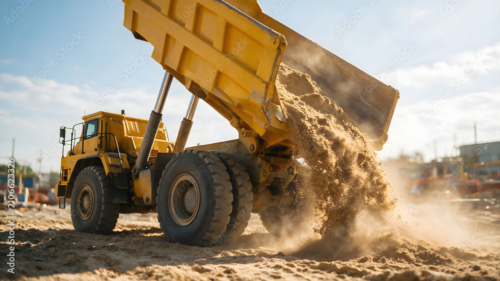 Fototapeta premium Heavy yellow dump truck dumping sand at a dusty construction site under bright blue sky