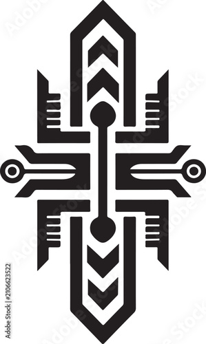 Symmetrical futuristic tech symbol black and white abstract geometric icon design element.