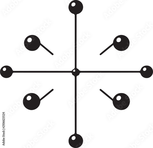 Abstract image featuring an eight-pointed star formed by spheres connected by lines.
