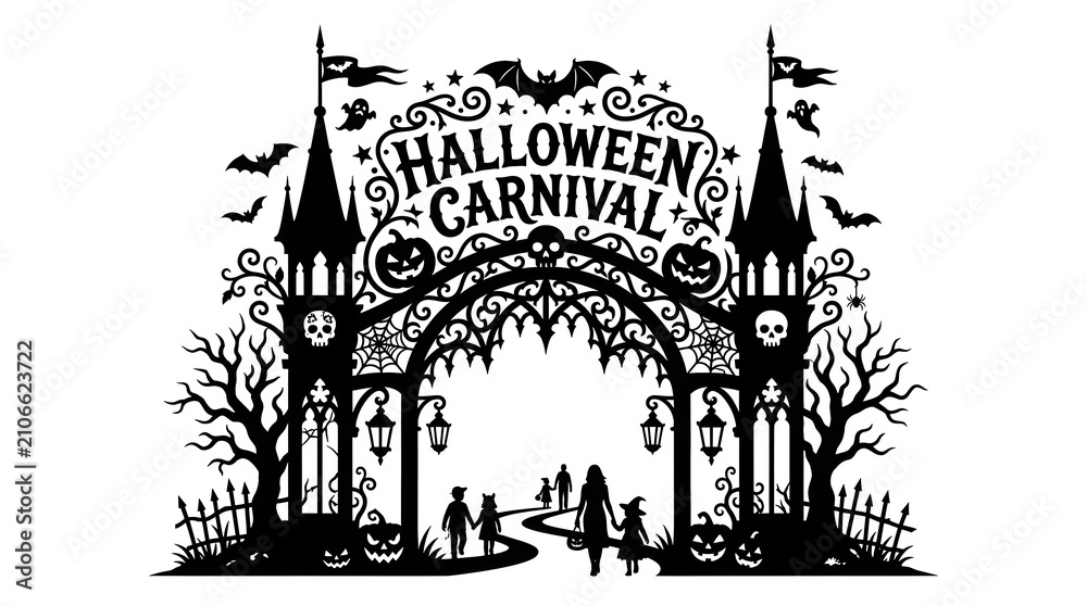 Obraz premium Halloween carnival text design with spooky gate and bats