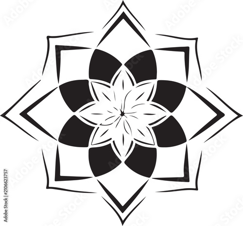 Intricate black and white mandala pattern with layered floral and geometric shapes.