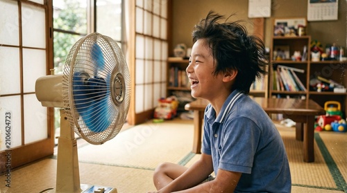 昭和の日本人小学生：和室の扇風機の前で大きな口を開けて風を浴び、楽しそうに涼む日本人小学生男子の夏休みクローズアップポートレート