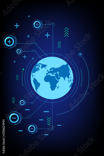Futuristic Digital World Map with HUD Elements and Plus Minus Icons