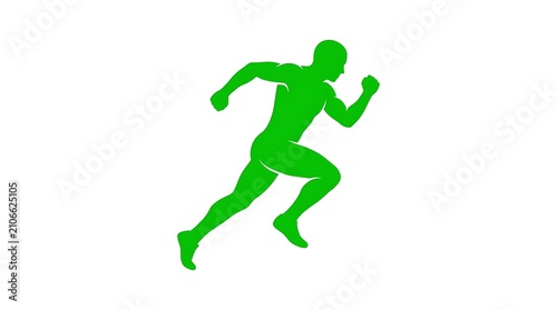 3D green running man in motion. Dynamic male athlete sprinting with futuristic neon glow effect.