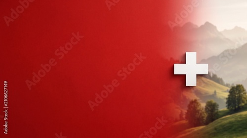 Swiss flag overlaid on a scenic mountain landscape, symbolizing national pride and identity