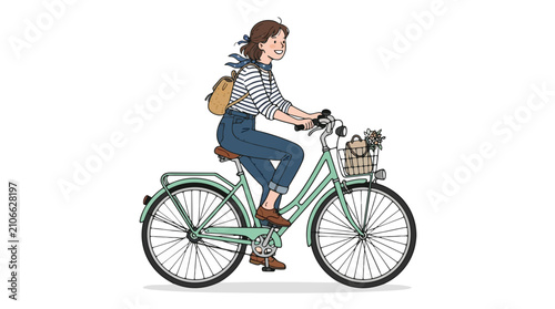 Charming vector illustration of a young woman with a backpack riding a bicycle with a basket of flowers