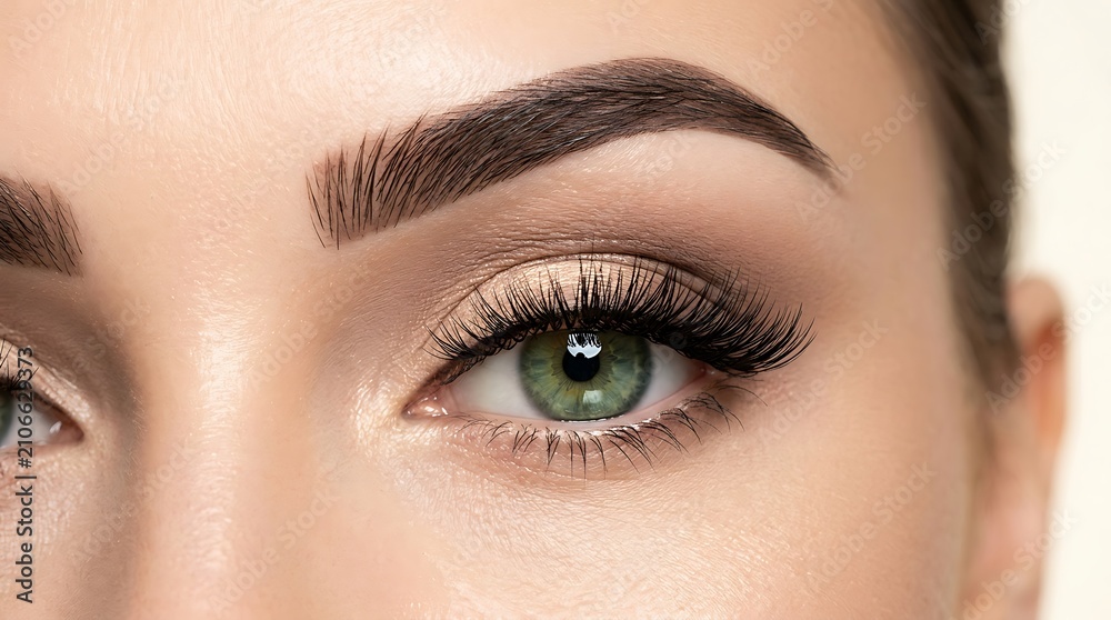 Fototapeta premium Macro Close Up of Woman Green Eye with Defined Eyebrow and Long Eyelashes