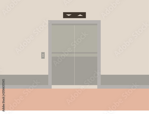 Modern elevator interior with closed metal doors, building lift entrance for corporate office or residential structure flat vector illustration isolated on white background.
