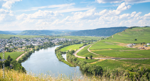 Foto Moselle Valley in summer, loop of Mosel river, aerial view, riesling wine growin