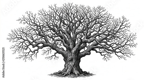 Large old oak tree with bare branches in a detailed black and white vintage woodcut engraving sketch style illustration