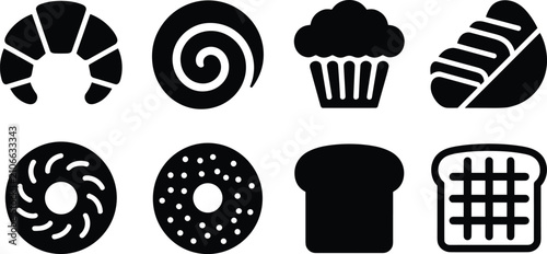 Obraz na płótnie Black silhouette icons of baked goods including croissant, muffin, donuts, bread