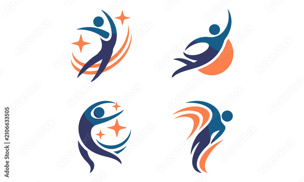 Obraz premium Four abstract human figures in dynamic poses with orange and blue colors