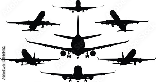 Foto Silhouette illustration of multiple commercial airplanes viewed from front an