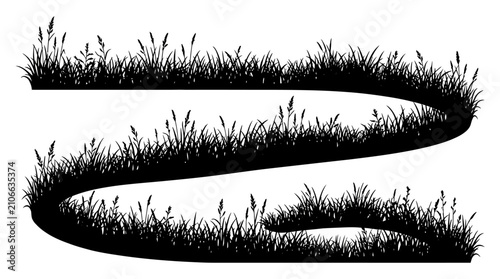 Cuadro en lienzo CAD tree lines Black silhouette grass Black grass silhouette border, curved mead
