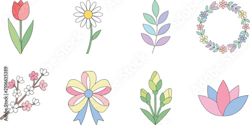 Quadro su tela Colorful icons of flowers and botanical elements including tulip, daisy, cherry