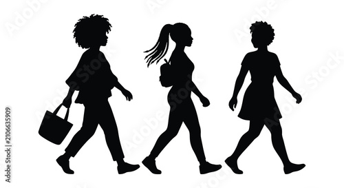 Fotografie Three women walking in silhouette a black shape against a white background silho