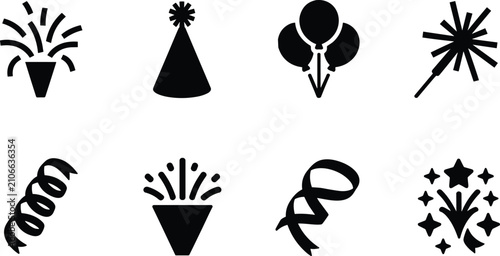 Canvastavla Black silhouette icons of celebration and party decorations including confetti,